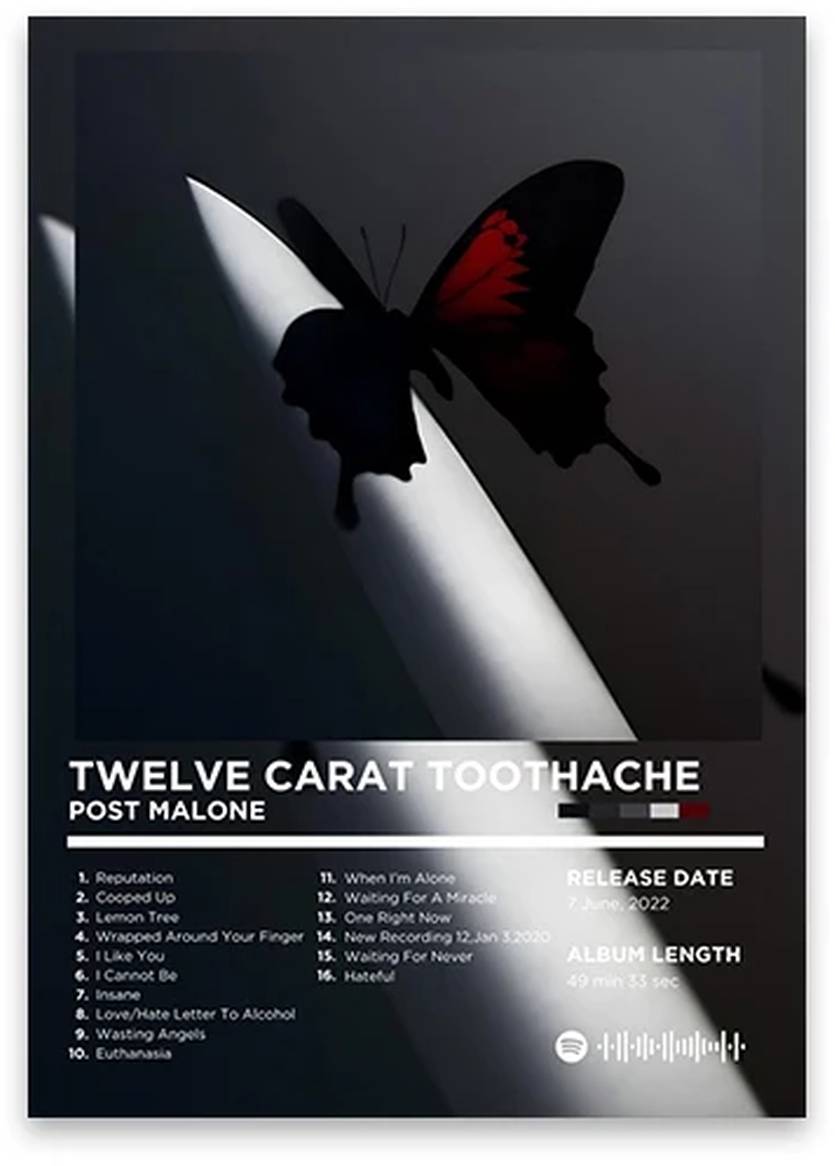 Twelve Carat Toothache Poster | Post Malone Muurdecoratie | Iconisch Rap Album | Hip Hop Wanddecoratie