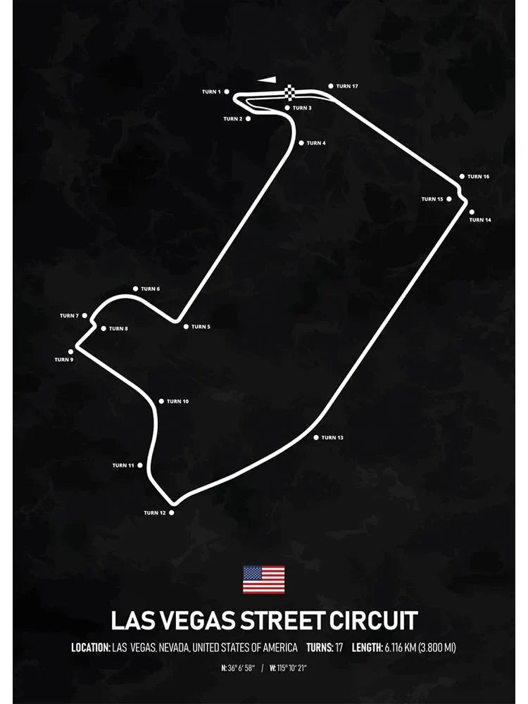 Las Vegas Street Circuit | Formula 1 Muurdecoratie | Wanddecoratie voor de echte F1 liefhebber | Posters van spannende Las Vegas Grand Prix