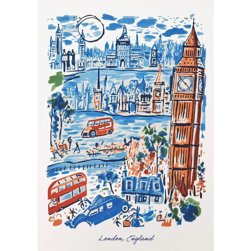 London, England Poster | Muurdecoratie | Iconische Stadsoriëntatiepunten Kunstwerk | Blauwe en Rode Stedelijke Scene Wanddecoratie