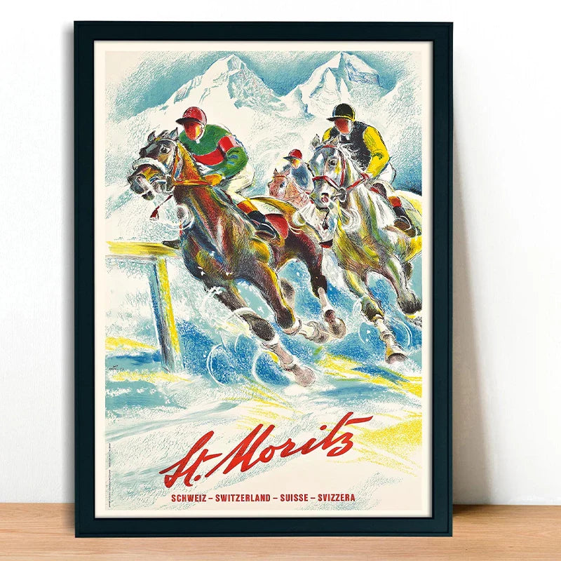 St. Moritz Switzerland Print | Vintage Winter Sports Scene | Ski & Horse Racing | Woondecoratie Poster