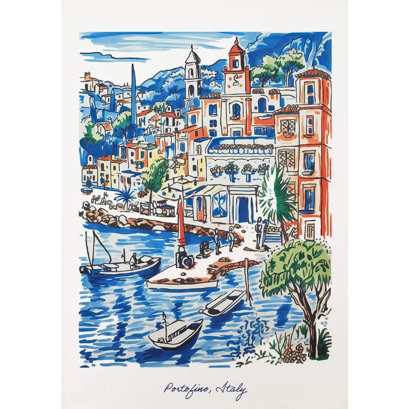 Portofino Waterfront Poster | Muurdecoratie | Italiaanse Riviera | Nautische Wanddecoratie voor Woonkamer of Kantoor
