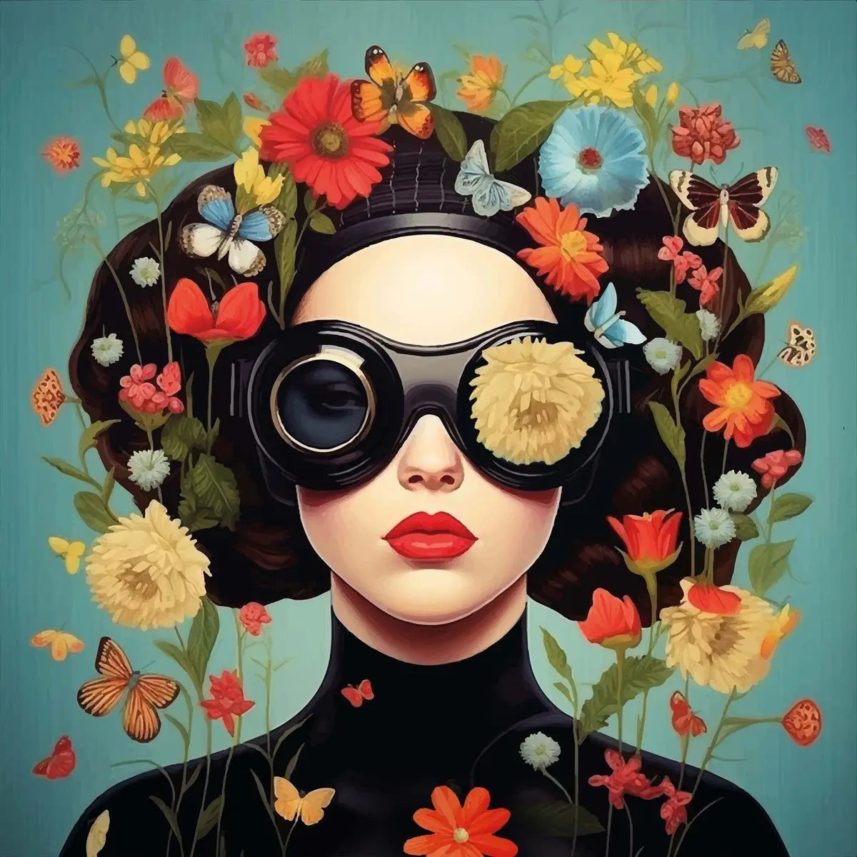 Floral Girl Poster | Surreal Garden Goggles Panorama | Muurdecoratie | Wanddecoratie | Posters | Lush Nature Vision