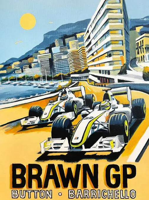 Monaco Grand Prix | Button & Barrichello Racing | F1 Glamour | Brawn GP Muurdecoratie | Exclusieve Wanddecoratie Poster