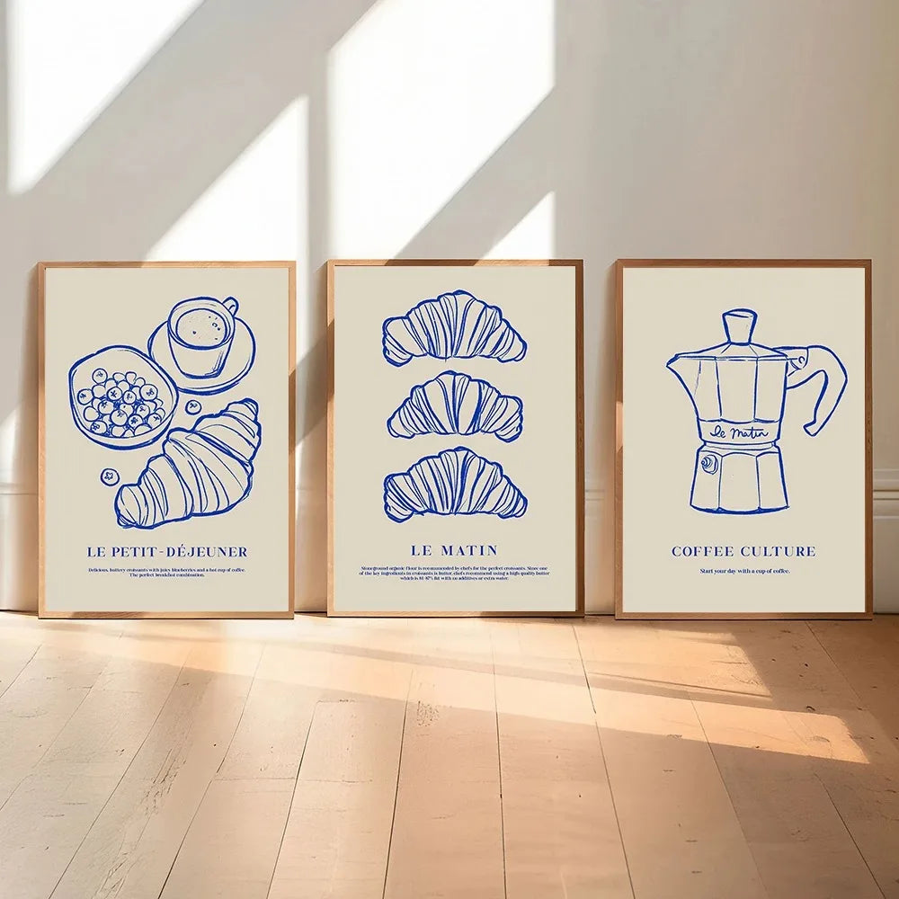 Croissants Poster | Vintage Keuken Art Decor | Retro Muurdecoratie | Voedsel Illustratie Schilderijen