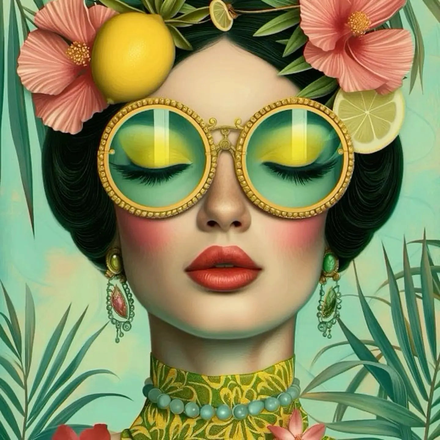 Floral Girl Poster | Muurdecoratie | Vintage Flower Optics Vrouw | Wanddecoratie Bloemen Zonnebril Kunst