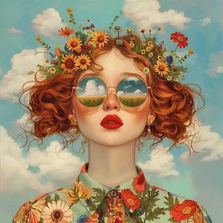 Floral Girl Poster | Sunset Meadow Vision | Muurdecoratie | Wanddecoratie | Posters Vrouw met bloemenkroon en zonsondergangreflectie | Schilderijen | Canvas kunst