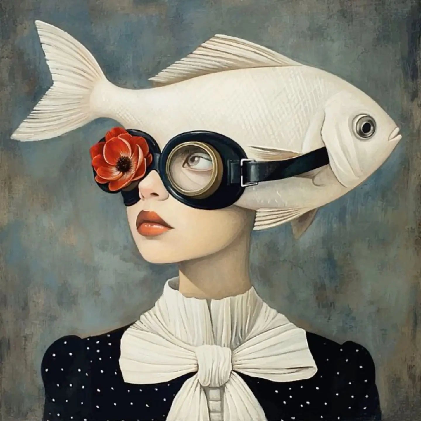 Floral Girl | Muurdecoratie Surreal Celestial Aquaview | Vrouw met Vis Hoofd & Vintage Duikmasker | Kleurvolle Wanddecoratie Print