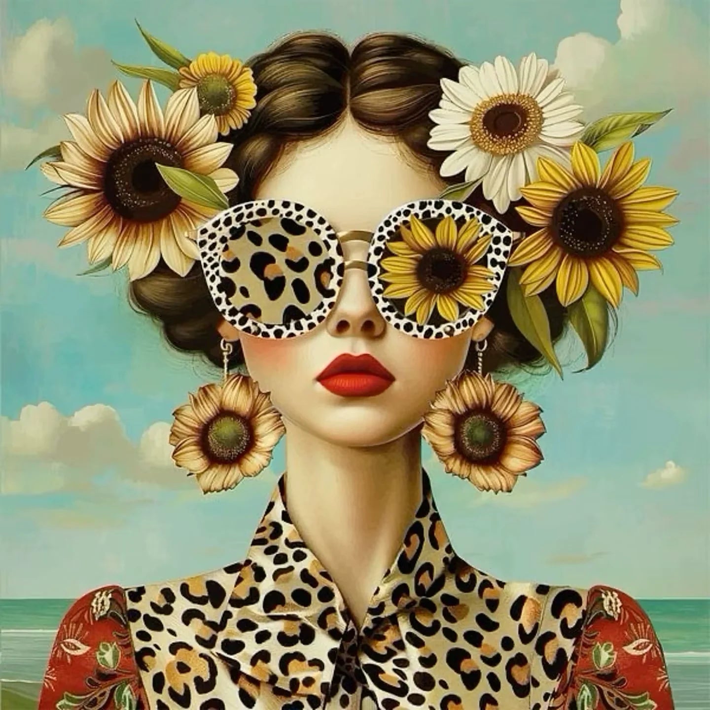Floral Girl Posters | Muurdecoratie | Zonnebloem Sierde Meisje met Luipaardprint | Wilde Patronen | Rustieke Bloemige Charme | Wanddecoratie