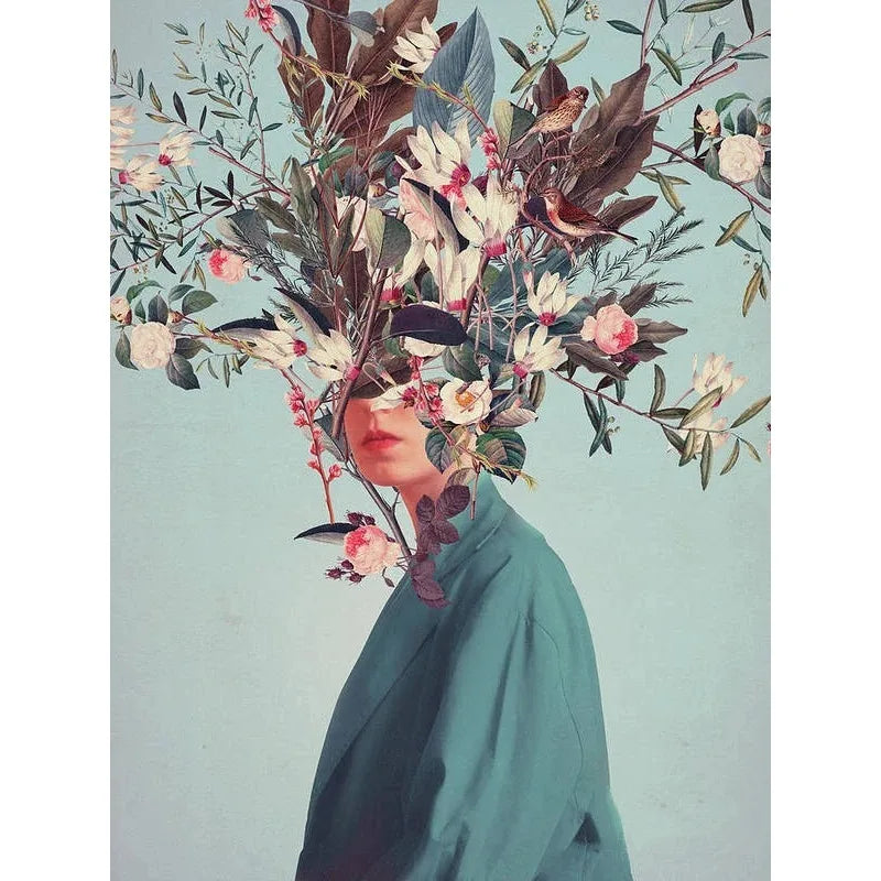 Blossoms of the Mind | Serenity in Bloom met Avian Whispers | Muurdecoratie | Vintage Vrouwelijke Poster | Wanddecoratie