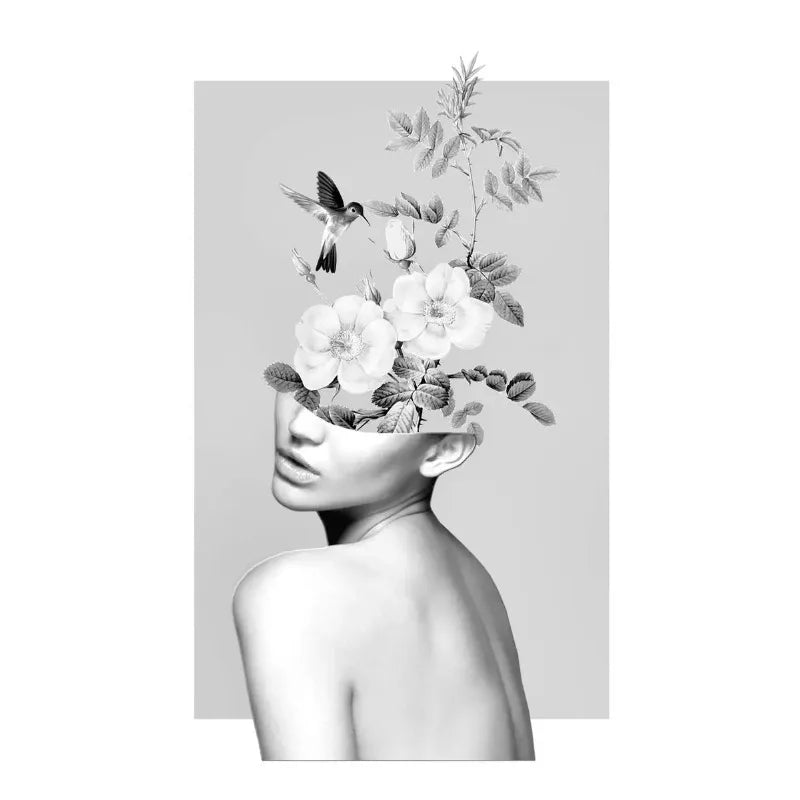 Blooms of the Mind | Muurdecoratie | Vintage Floral Poster | Monochrome Harmony met Vogels | Wanddecoratie