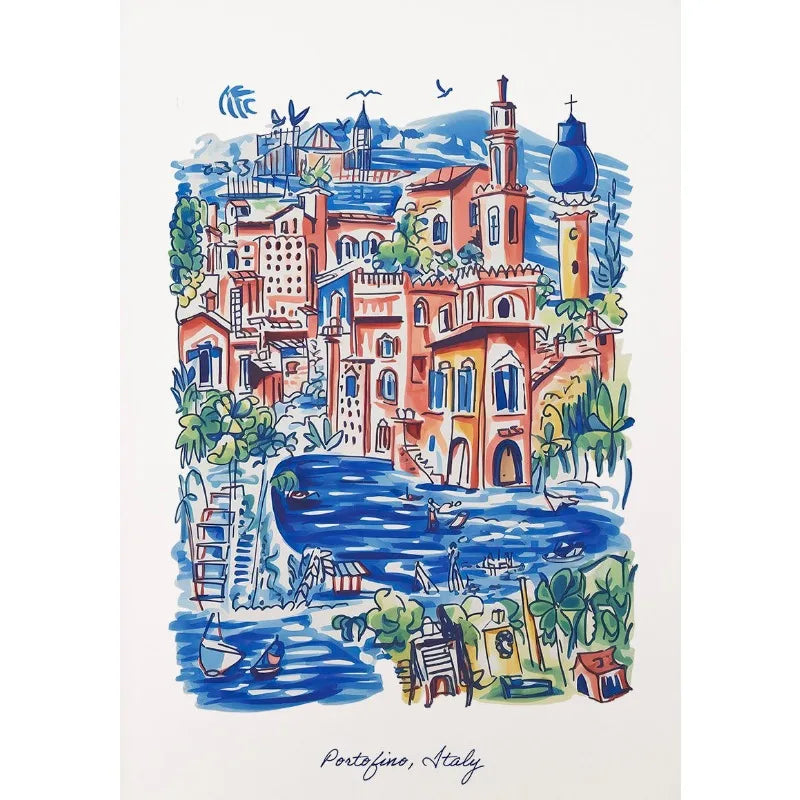 Portofino Italy Poster | Kleurrijke Muurdecoratie | Levendige Kustdorp Schilderij | Watercolor Kunst | Wanddecoratie Kunst