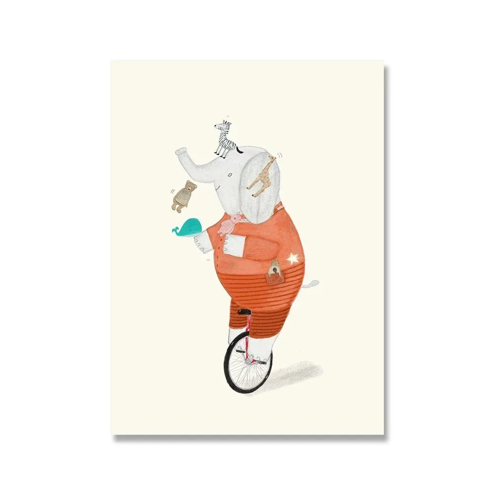 Elephant's Unicycle Jamboree | Wanddecoratie Muurdecoratie | Whimsical Animated Adventures | Posters | Schilderijen voor thuis | Canvas kunst Joyful Journey