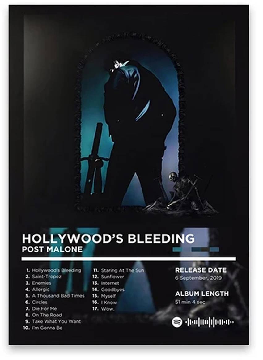 Hollywood's Bleeding Poster | Post Malone Kunst | Muurdecoratie Muziek | Hip Hop Wanddecoratie | Muziekposters