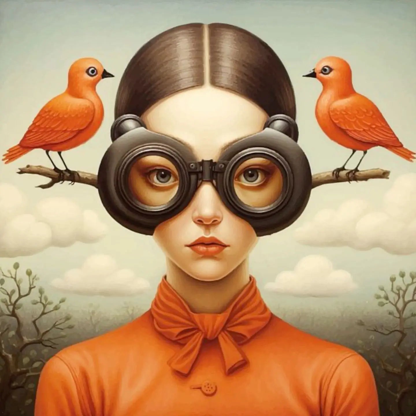 Floral Girl Poster | Birdwatcher's Solitude | Aarde Tint Muurdecoratie | Wanddecoratie Vrouw Met Vogelbril | Avian Leven Schilderijen | Rustige Contemplatie Canvas Kunst