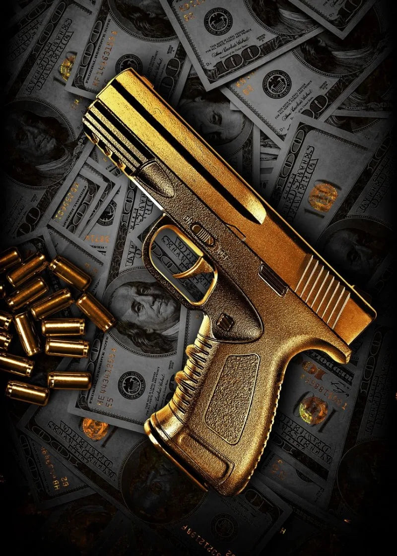 Golden Gun | Muurdecoratie | Wanddecoratie | Posters | Luxe Money Weapon Art Print | Schilderijen | Canvas Kunst