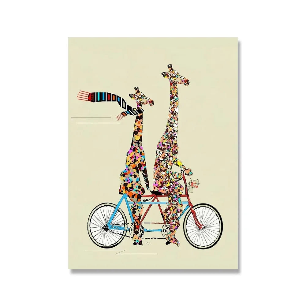Giraffe's Patchwork Pedal Poster | Muurdecoratie | Kleurrijk Geanimeerd Avontuur | Wanddecoratie | Vrolijk Reis Schilderij | Kunst