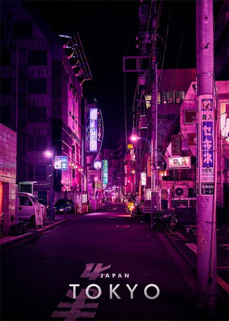 Night Street in Shibuya | Posters | Tokyo wanddecoratie | Stadsgezicht schemering | Japanse architectuur kunst | Muurdecoratie