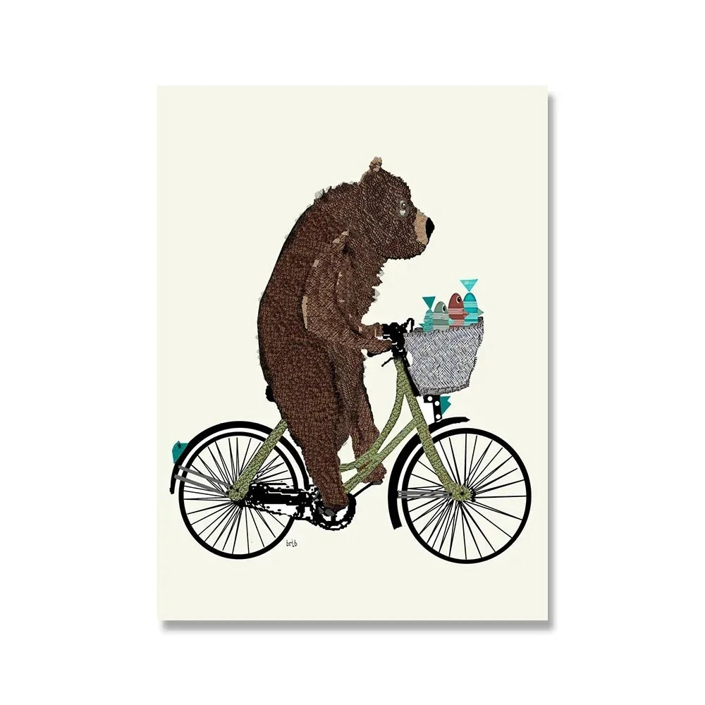 Bear and Fishes | Muurdecoratie Poster | Whimsical Wheels | Speelse Wanddecoratie Animatie Kunst