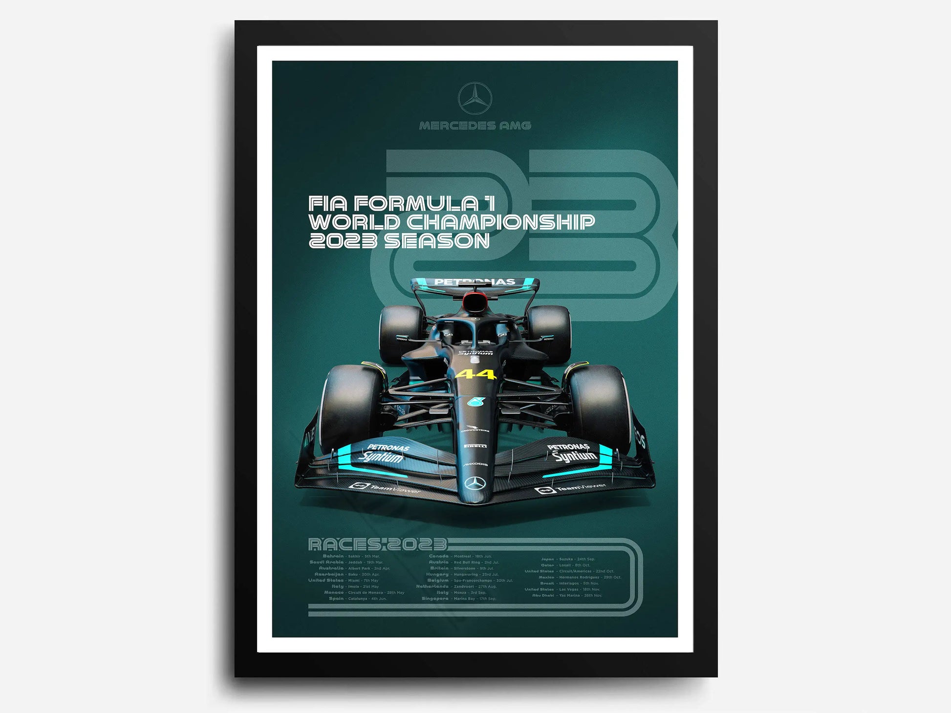 Mercedes AMG Petronas Poster | Lewis Hamilton & George Russell | 2023 Formule 1 | Muurdecoratie