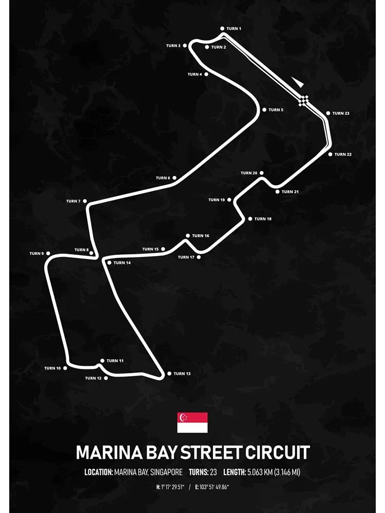 Marina Bay Street Circuit Poster | Singapore Wanddecoratie | Schilderijen Circuit Marina Bay | Nachtelijke F1 Muurdecoratie