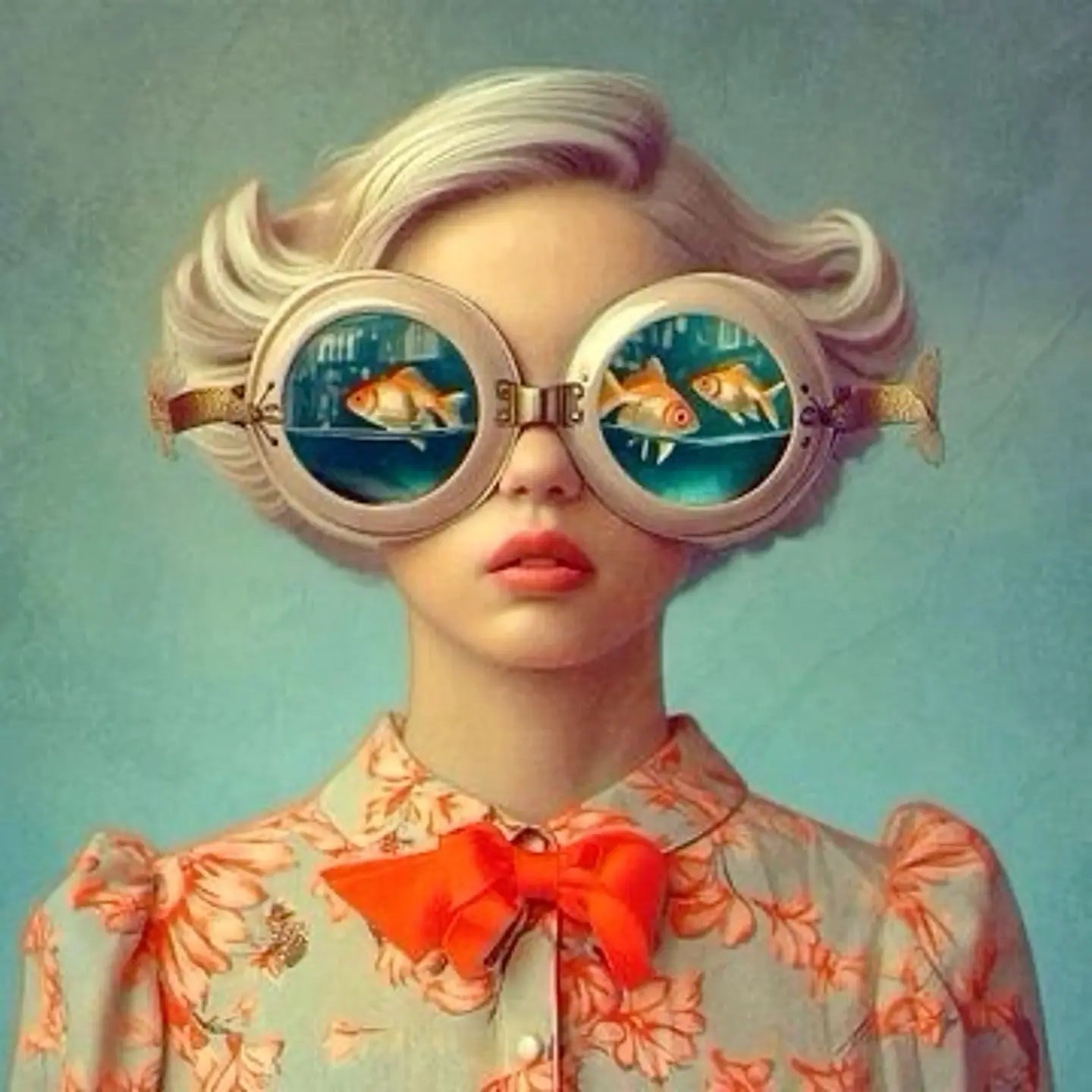 Floral Girl Poster | Muurdecoratie vrouw met vissen | Unieke wanddecoratie serene aqua kunst