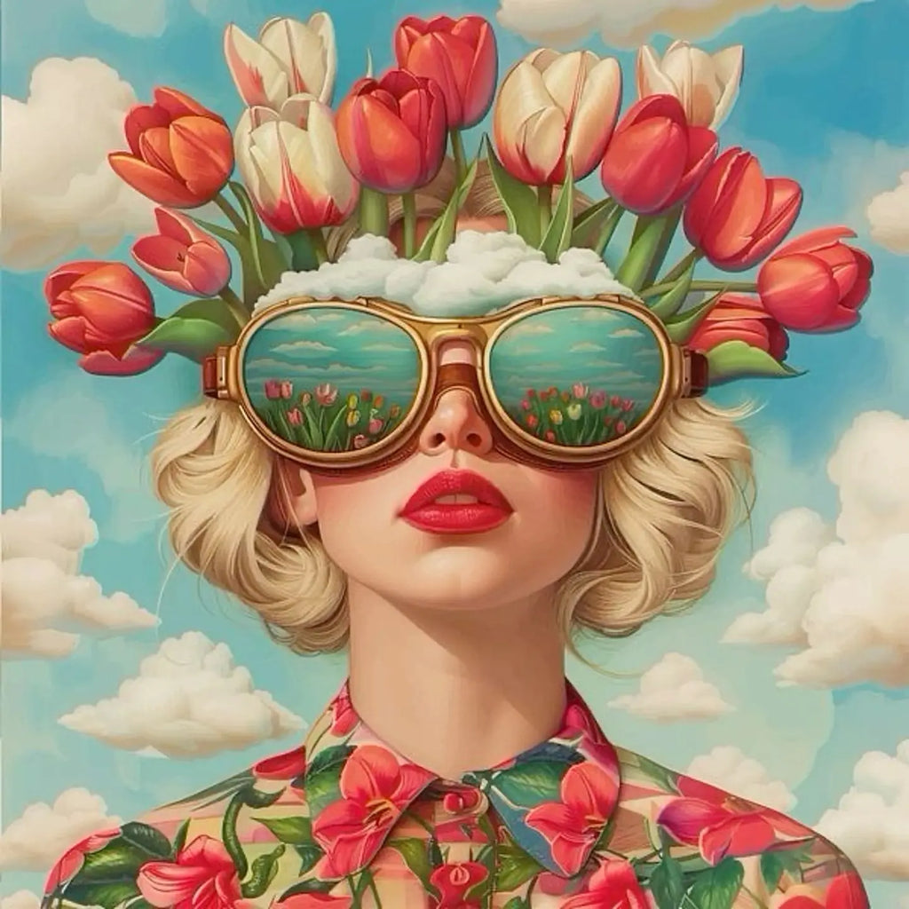 Floral Girl Poster | Tulip Crown Muurdecoratie | Serene Sky Reflection Wanddecoratie | Sunglasses Art