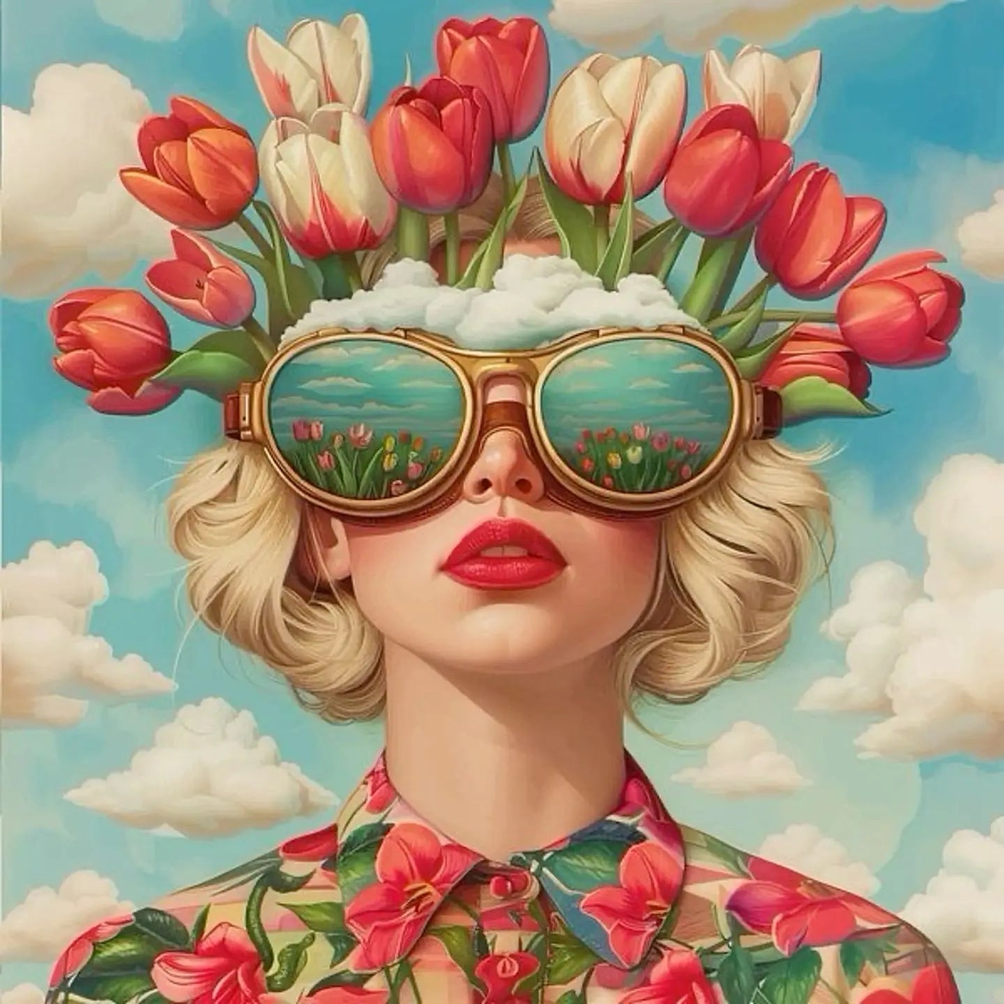 Floral Girl Poster | Tulip Crown Muurdecoratie | Serene Sky Reflection Wanddecoratie | Sunglasses Art