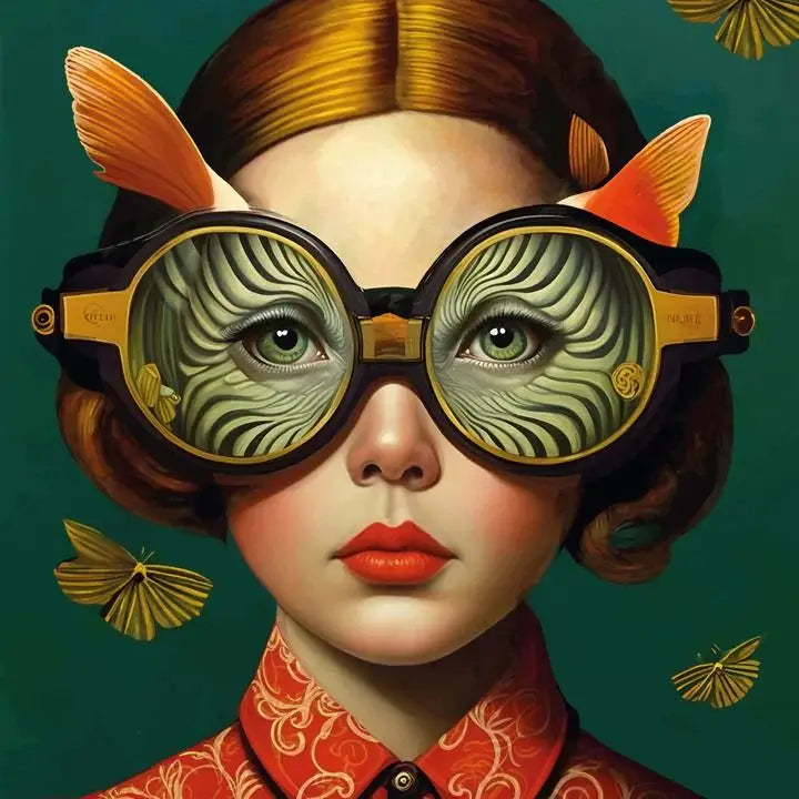 Floral Girl Poster | Mariene Muurdecoratie | Surreal Oceanic Swirls Kunst | Fish-Eye Goggles Wanddecoratie