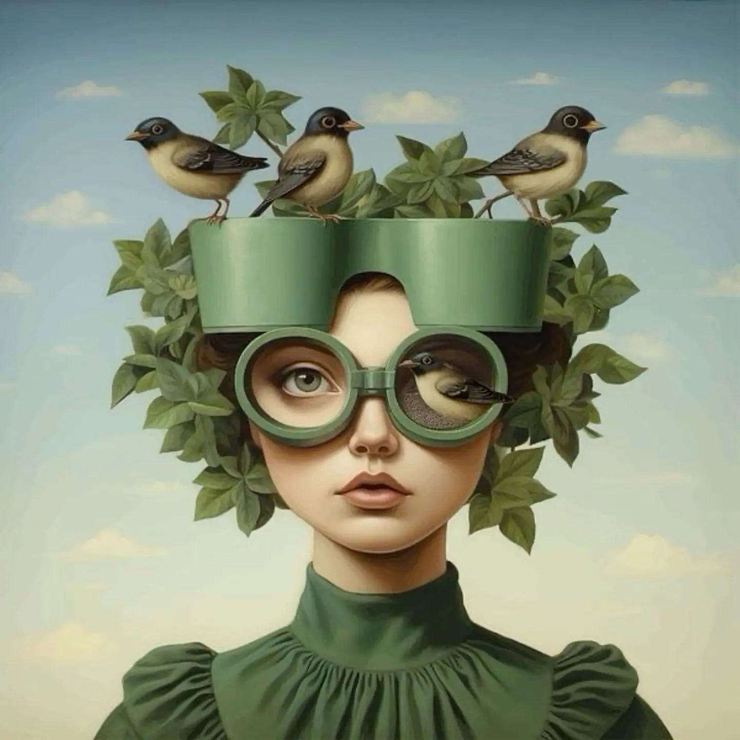 Floral Girl Muurdecoratie | Greenhouse Gaze Poster | Botanische Hoed & Vogels | Groene Wanddecoratie | Natuur & Sereniteit