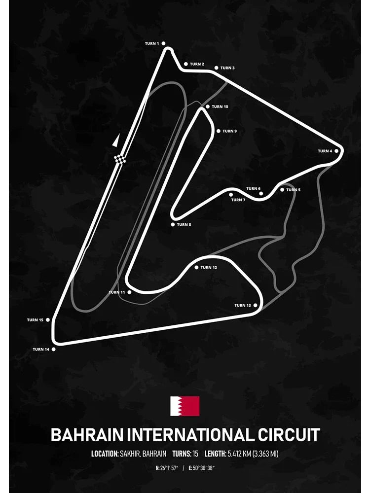 Bahrain International Circuit Formula 1 Poster | Muurdecoratie | Sakhir Grand Prix Schilderijen | Unieke Wanddecoratie | Essentieel Midden-Oosten F1 Circuit Kunst