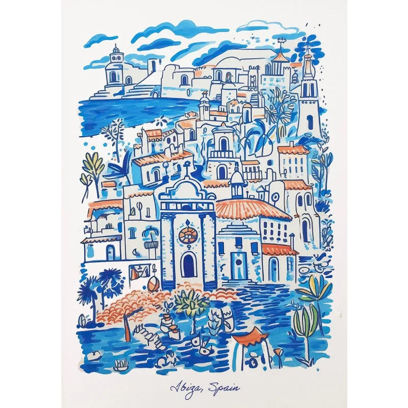 Ibiza Poster | Kleurrijke Muurdecoratie Mediterrane Stad | Moderne Wanddecoratie | Levendige Kunst Posters