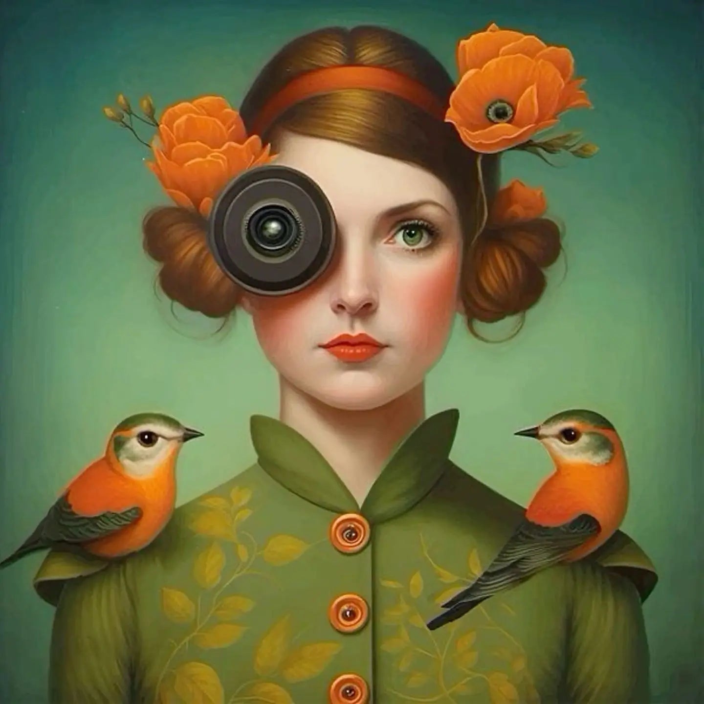 Floral Girl Poster | Optic Garden | Kunstzinnige Vrouw met Vogel en Botanische Details | Natuur Muurdecoratie