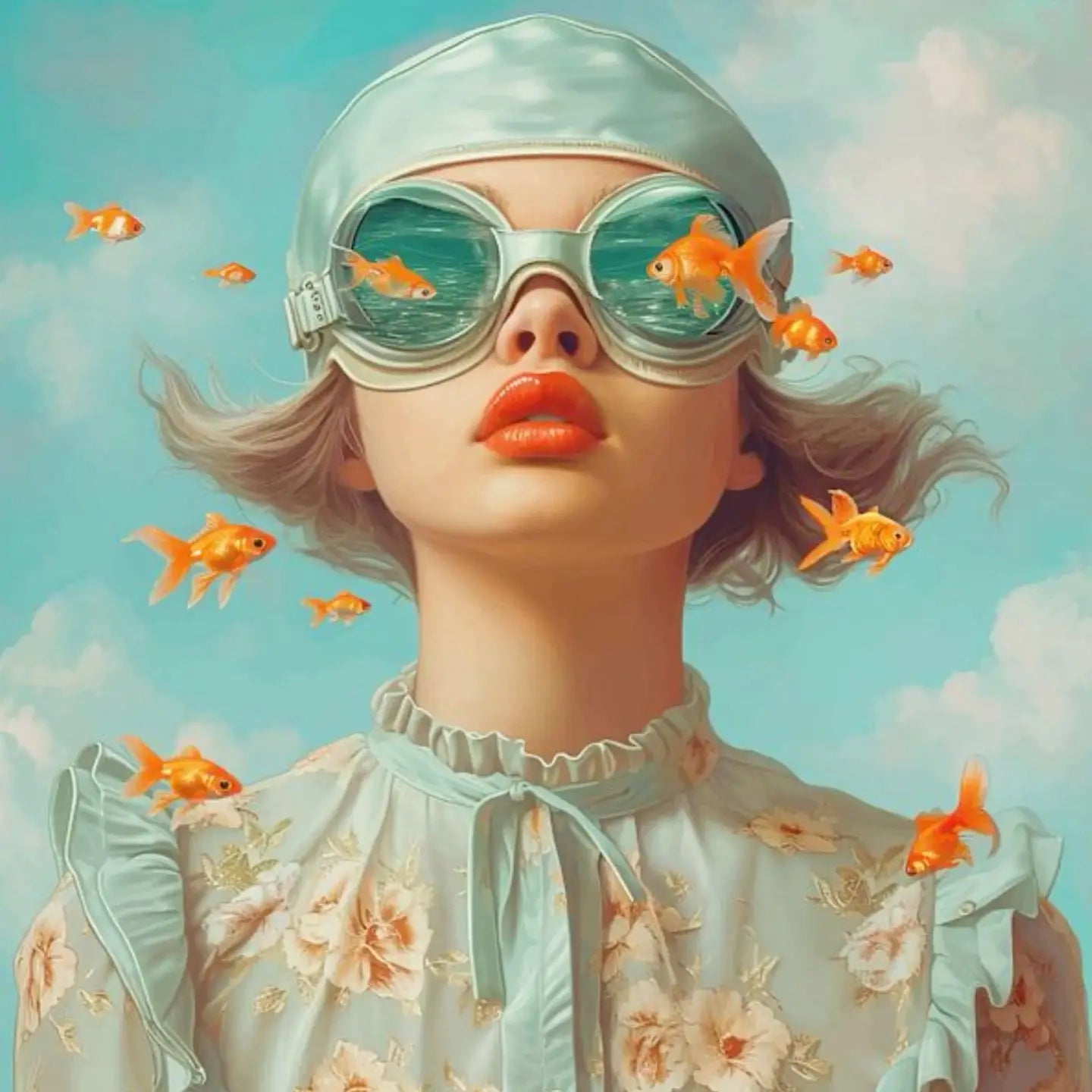 Aquatic Daydream | Poster | Vrouw met Goudvissen | Serene Aquamarine Ambiance | Muurdecoratie | Woonkunst