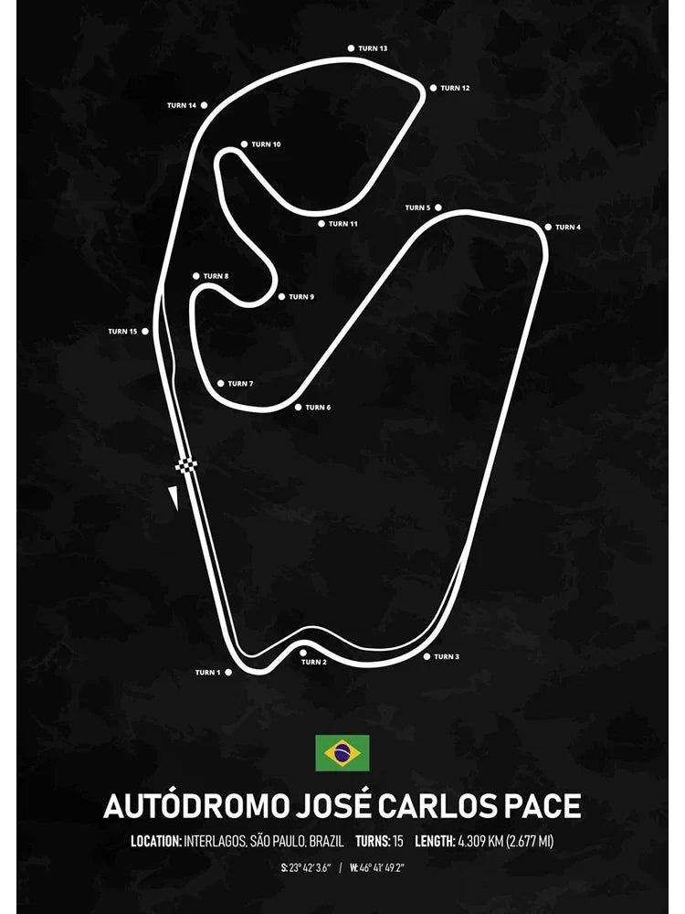 Autódromo José Carlos Pace (Interlagos) | Poster | Formule 1 | Brazilië | São Paulo | Muurdecoratie | Wanddecoratie | Klassiek racecircuit | F1 kunst | Grand Prix kunstwerken