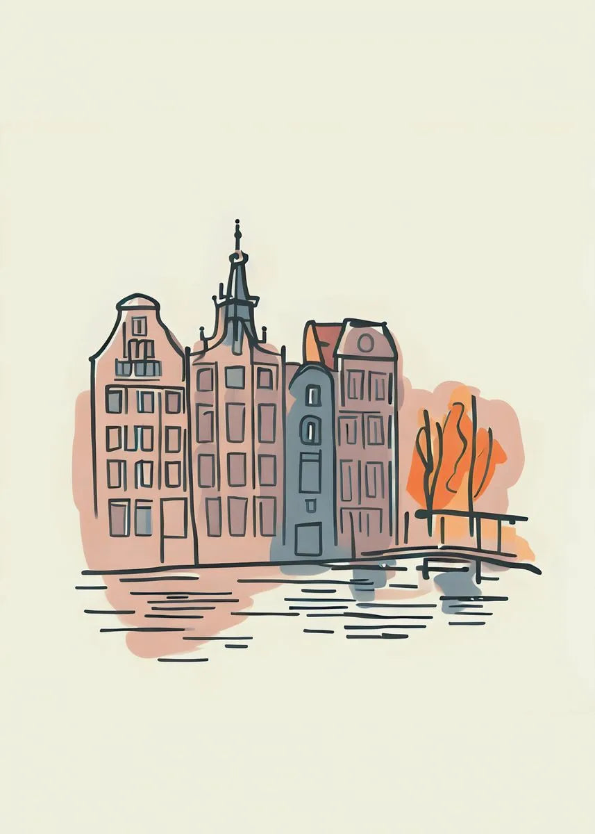 Amsterdam Canal Houses | Muurdecoratie | Watercolor Wanddecoratie | Nederland Stedelijk Landschap Poster