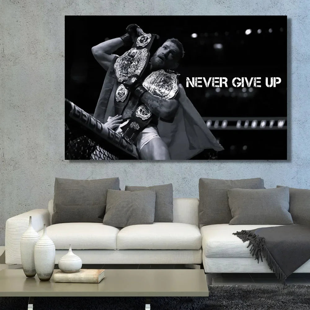Conor McGregor Poster | Muurdecoratie | Inspirerende Boxkunst | Professionele Print | UFC Quote "Never Give Up" | Wanddecoratie voor Thuissportschool