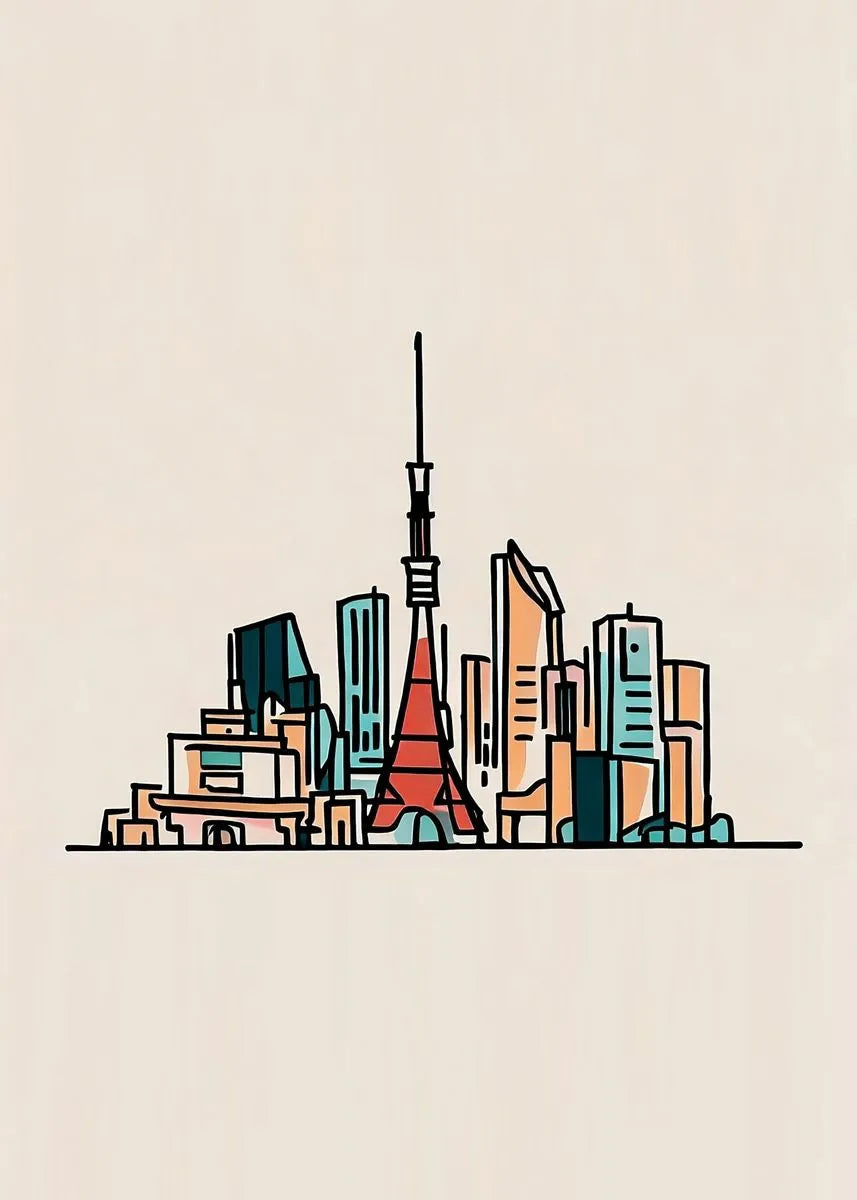 Tokyo Minimalist Skyline Art | Muurdecoratie | Moderne Stadslijn Tekening | Unieke Wanddecoratie | Posters en Canvas Kunst