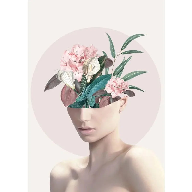Pink Blossom Tranquility | Vintage Bloemenvrouw Muurdecoratie | Elegante Bloemenkoppen Kunstwerk | Portret Wanddecoratie
