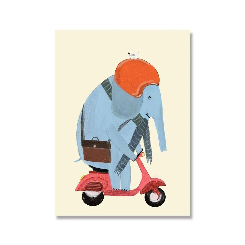 Elephant's Scooter Commute | Whimsical Wheels | Speelse Muurdecoratie | Kinderkamer Wanddecoratie | Dieren Schilderijen