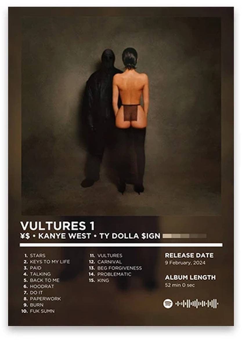 Vultures 1 | Kanye West & Ty Dolla Sign Kunst | Iconisch Rap Album | Hip Hop Legend | Wanddecoratie | Muurdecoratie