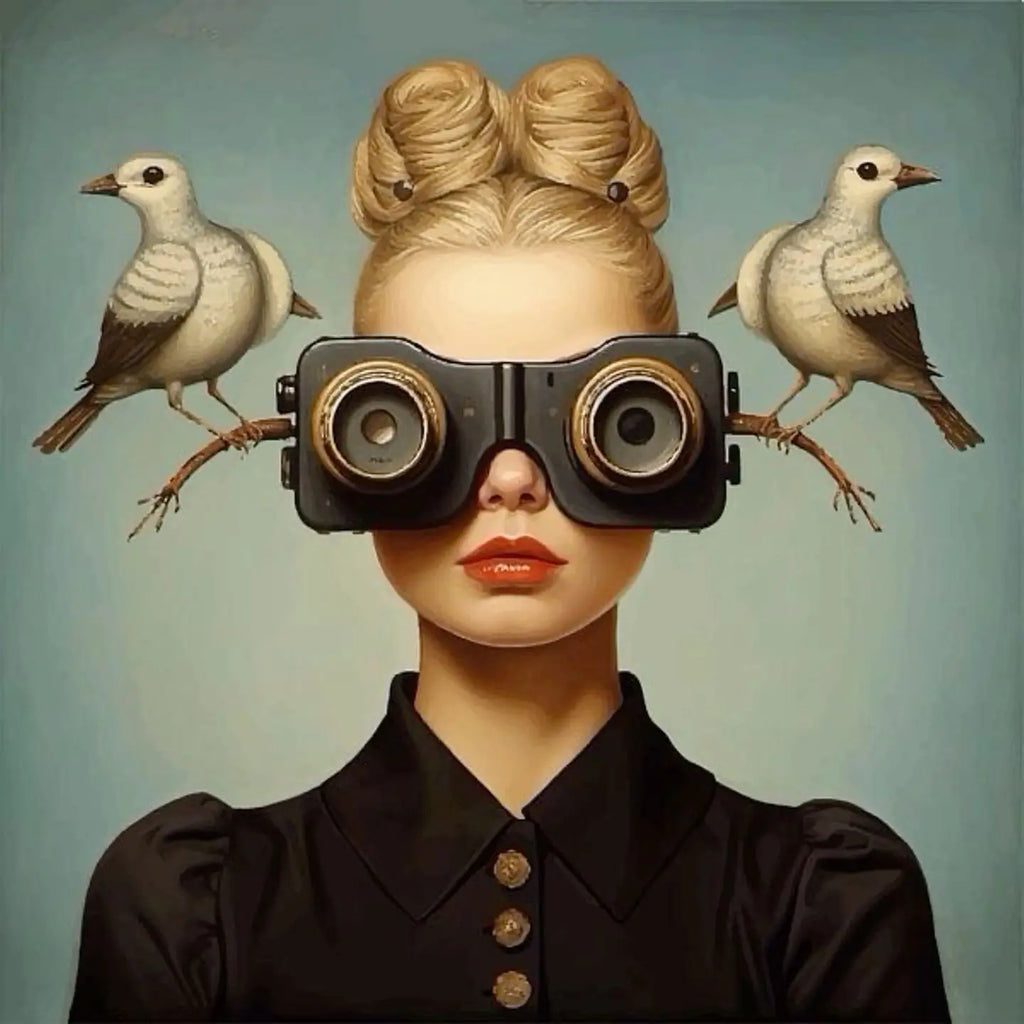 Floral Girl Posters | Avian Observer Design | Muurdecoratie met vrouw en verrekijker | Duiven op takken