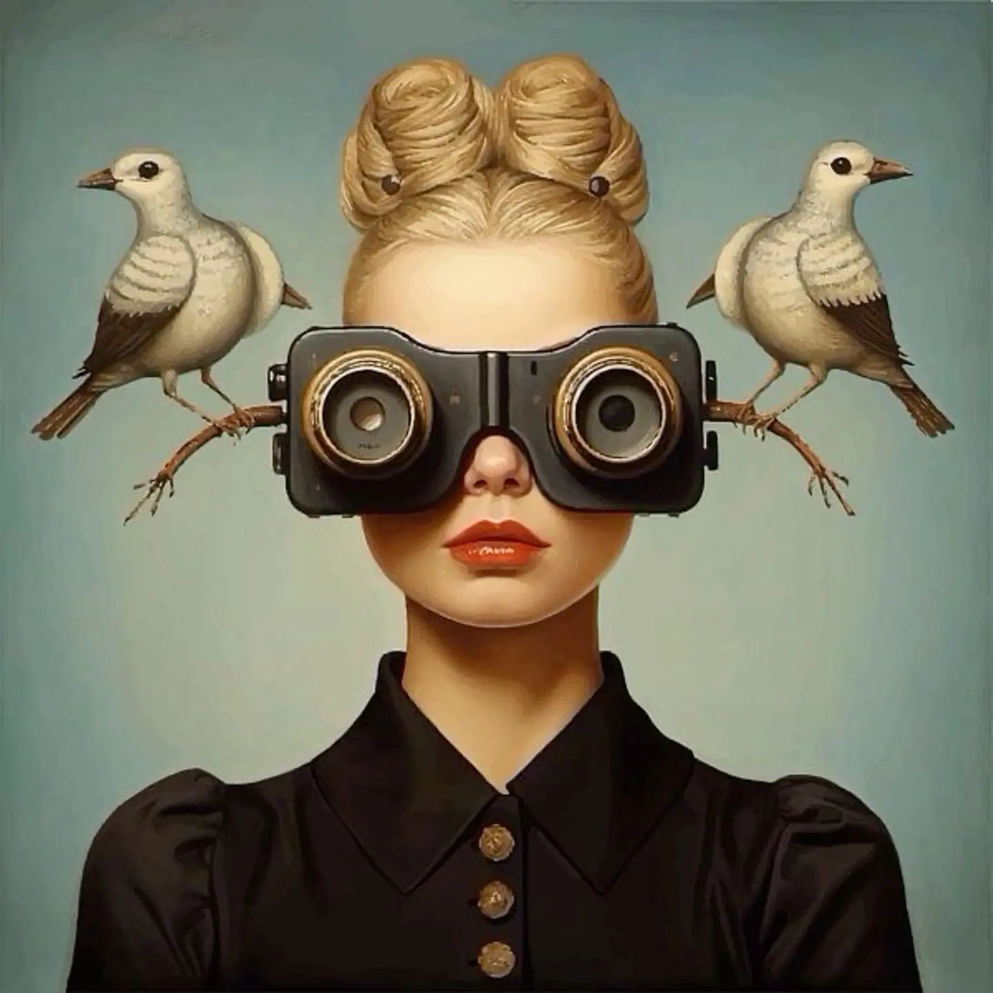 Floral Girl Posters | Avian Observer Design | Muurdecoratie met vrouw en verrekijker | Duiven op takken
