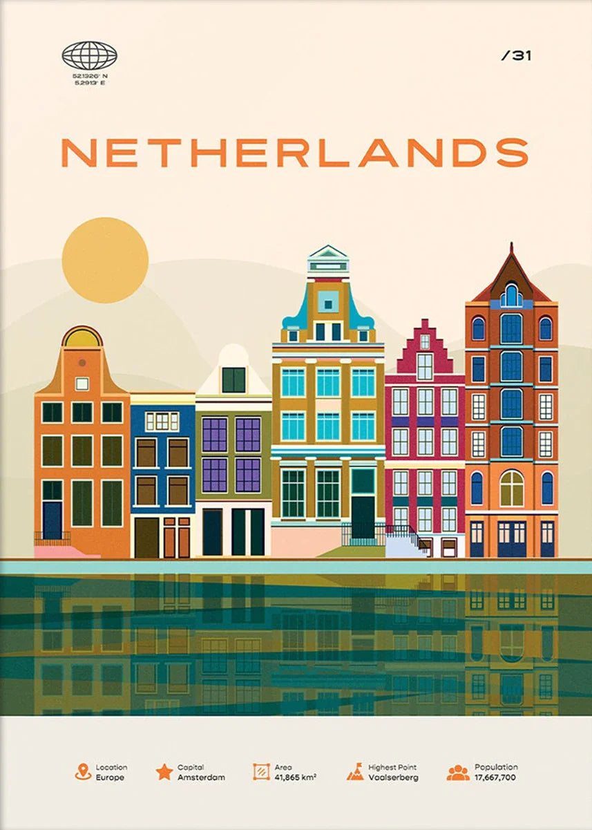 Amsterdam Canal Houses Poster | Kleurrijke Muurdecoratie | Hollandse Architectuur | Wanddecoratie Kunst