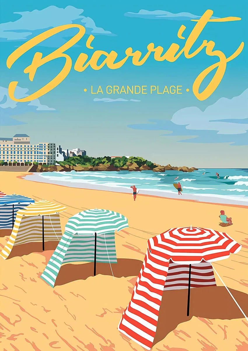 La Grande Plage Biarritz | Vintage Strand Posters | Franse Strand Muurdecoratie | Kustlandschap Wanddecoratie | Franse Kust Posters