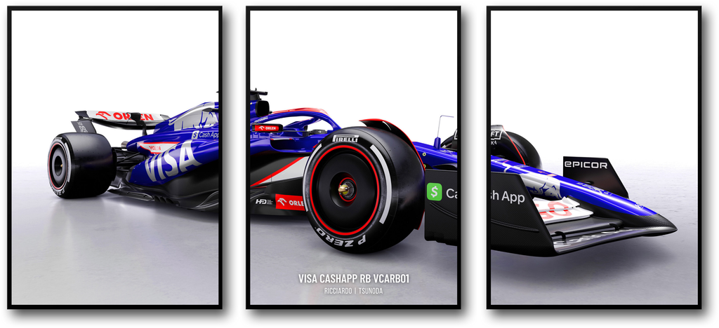 Visa Cashapp RB Wanddecoratie in 3 delen | Alpha Tauri | Formule 1 poster | F1-wagenprint met meerdere panelen | Motorsport-woondecoratie | Cadeau voor raceliefhebbers | Modern F1-canvas