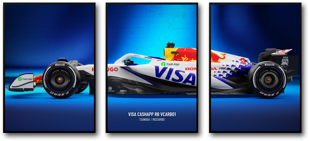 Formule 1 Racing Posterset | Visa Cashapp RB 3-delige Wanddecoratie | Alpha Tauri | Iconisch F1-autoontwerp | Motorsport Woondecoratie