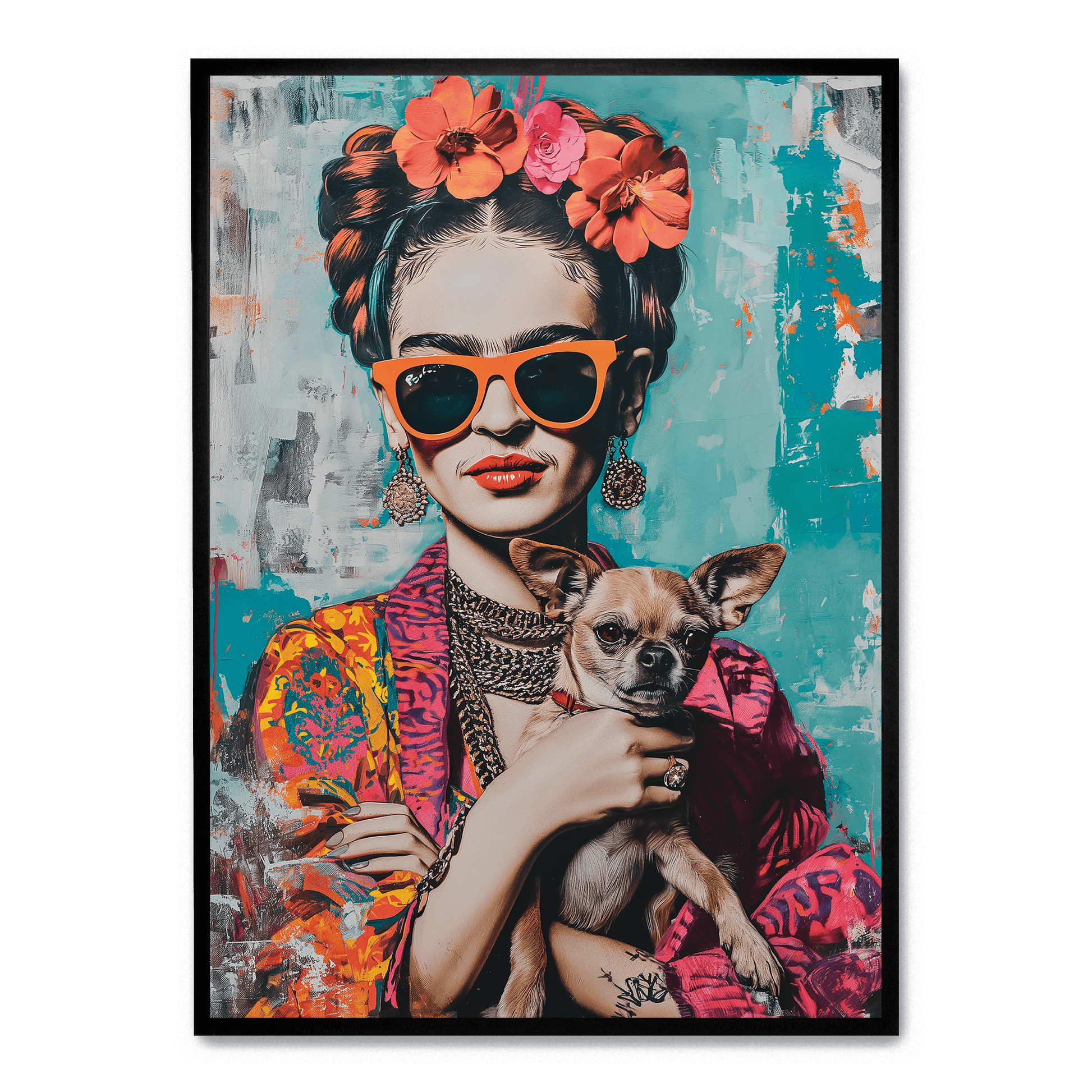 Frida Kahlo Stijl Chihuahua Portret | Muurdecoratie Kleurrijk Kunstwerk | Posters Huis & Tuin