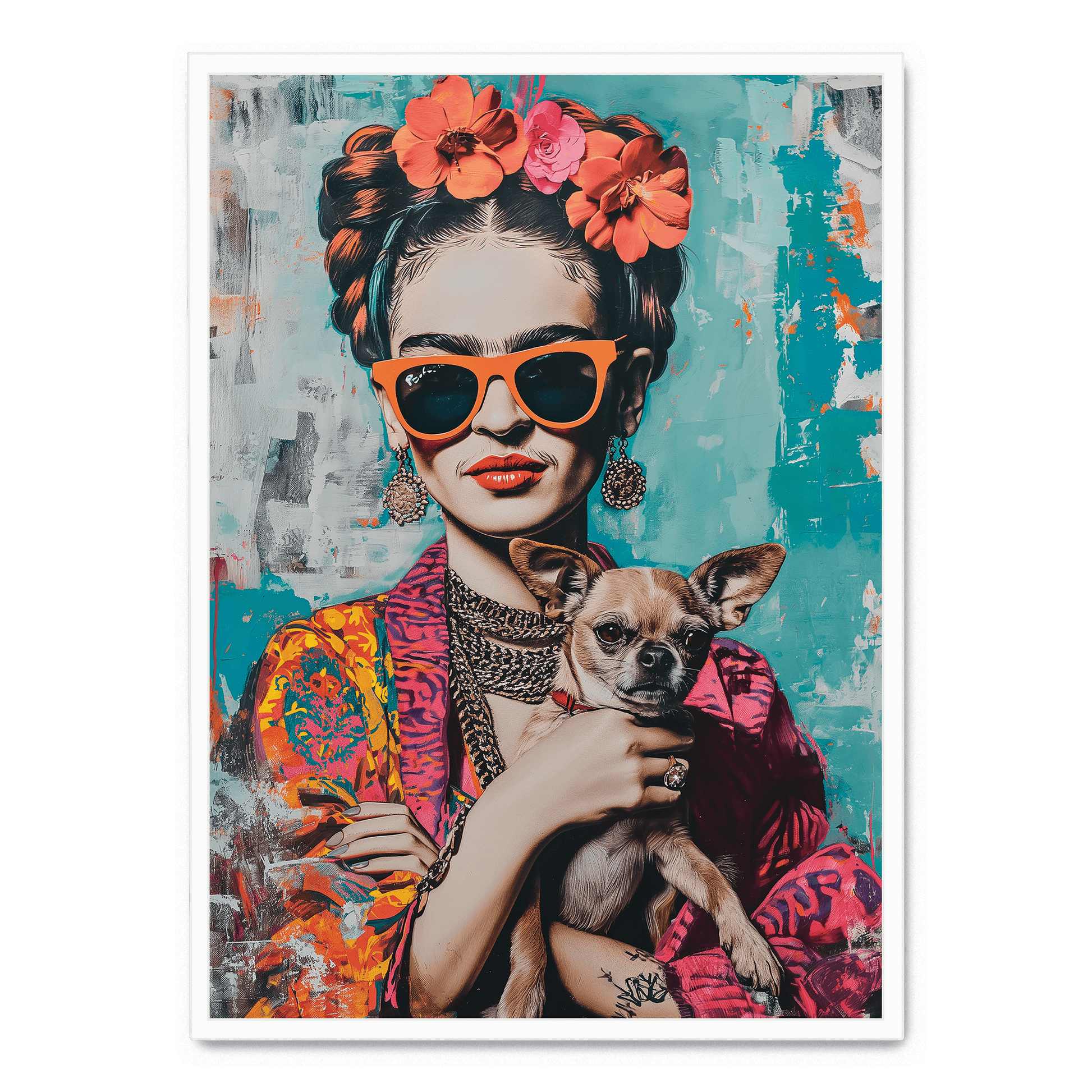 Frida Kahlo Stijl Chihuahua Portret | Muurdecoratie Kleurrijk Kunstwerk | Posters Huis & Tuin