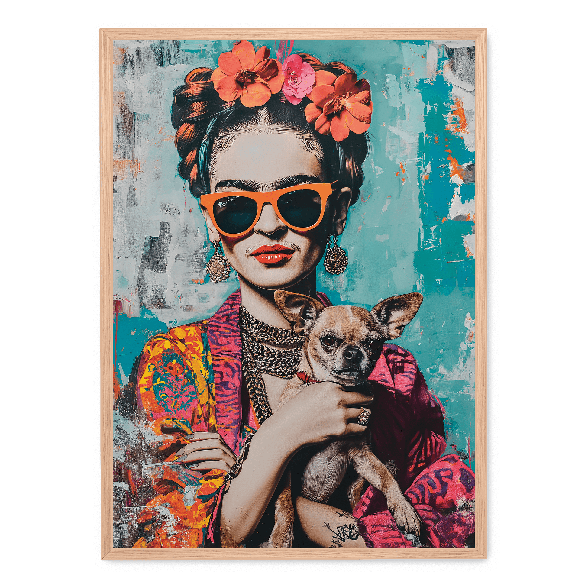 Frida Kahlo Stijl Chihuahua Portret | Muurdecoratie Kleurrijk Kunstwerk | Posters Huis & Tuin