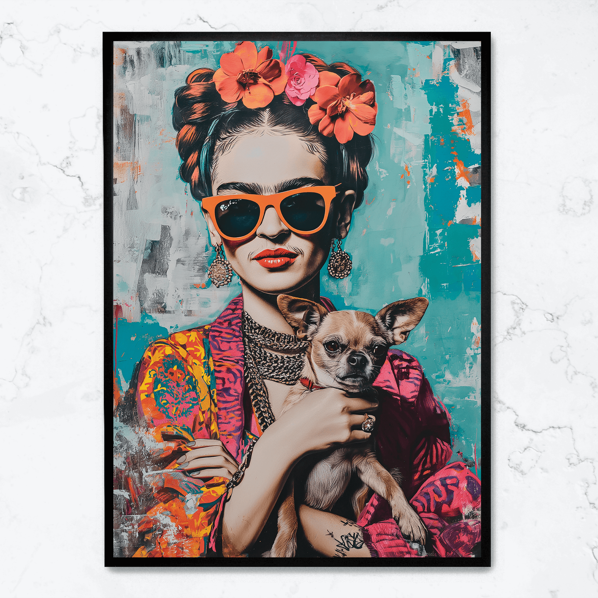 Frida Kahlo Stijl Chihuahua Portret | Muurdecoratie Kleurrijk Kunstwerk | Posters Huis & Tuin